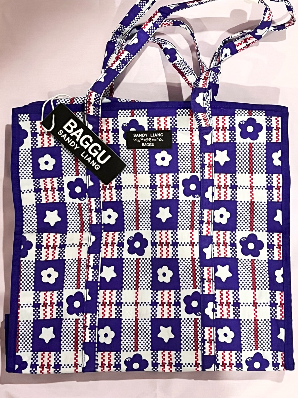 NWT SANDY LIANG X BAGGU LARGE NYLON MARKET BAG IN MARKET PLAID BLUE - BLUE MULTI